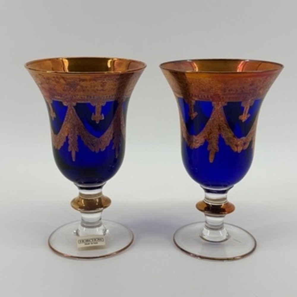 Horchow Set of 2 Cobalt Blue and Gold Gilded Stemware Glasses Made in Italy